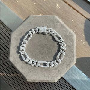 Real Solid 925 Silver Mens Figaro Bracelet 13mm Iced Out CZ Heavy HipHop.